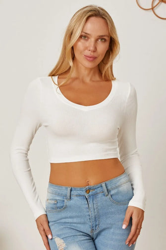 Round Neck Long Sleeve Cropped T-Shirt White