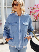 Pocketed Zip Up Baseball Collar Denim Jacket Woman Outerwear