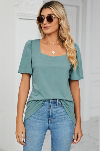 Square Neck Short Sleeve T-Shirt Light Green