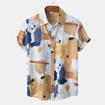 Men's Plus Size Abstract Print Short Sleeve Button-Up Shirt Brown