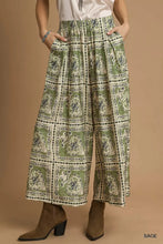 Sage umgee bohemian print wide-leg pants with bold cream and dark green floral bandana print on soft fabric with pockets