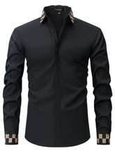 Men's Full Size Plaid Trim Collar Long Sleeve Shirt Plus Size Black