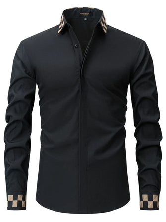 Men's Full Size Plaid Trim Collar Long Sleeve Shirt Plus Size Black