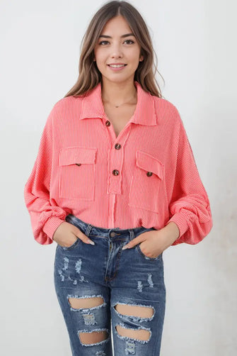 Buttoned Collared Neck Long Sleeve Top Coral Woman Blouses