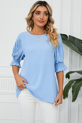 Pleated Flounce Sleeve Keyhole Blouse Light Blue Woman Blouses