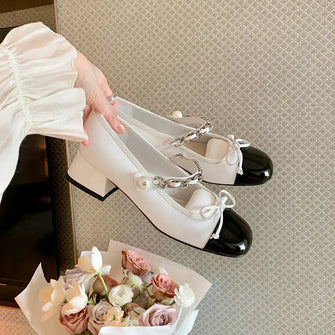 Contrast Square Toe Block Heel Mary Jane shoes White woman pumps