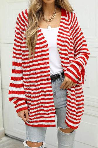 Angel Wings Striped Button Up Long Sleeve Cardigan Deep Red