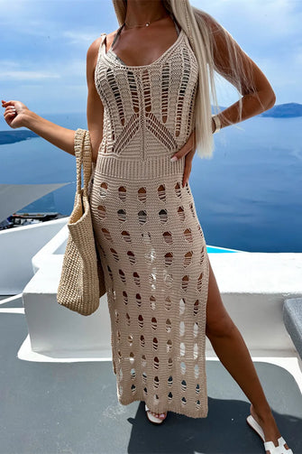 Openwork Slit Scoop Neck Sleeveless Cover Up Tan
