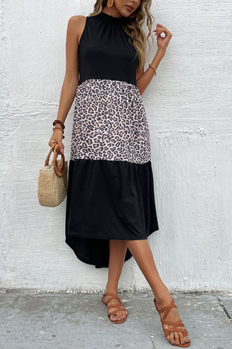 Perfee Leopard Contrast Sleeveless Maxi Dress Black Leopard