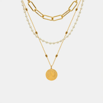 Synthetic Pearl Titanium Steel Three-Layered Necklace Gold One Size