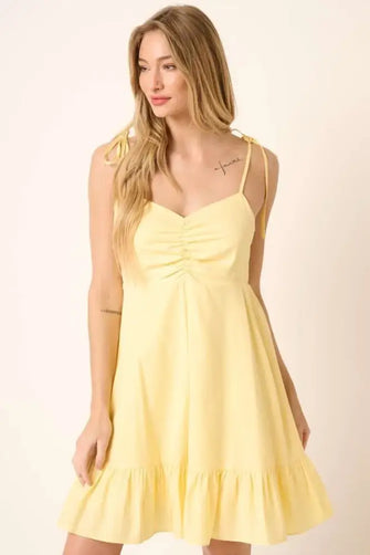 Mittoshop Ruched Detail Spaghetti Tie Mini Dress YELLOW Casual Dresses