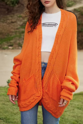 Cable-Knit Open Front Cardigan with Pockets Orange