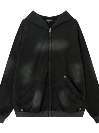 Men's Washed Zip-Up Oversized Hoodie Black