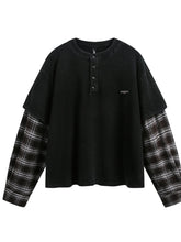 Men's Plaid Long Sleeve Henley Sweatshirt Black