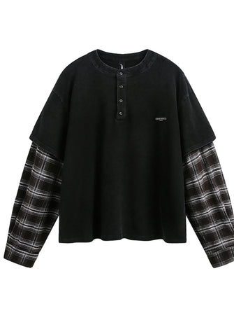 Men's Plaid Long Sleeve Henley Sweatshirt Black