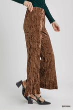 Brown umgee velvet pleated wide leg pants featuring soft velvet material and elegant pleated design