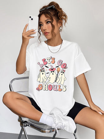 Round Neck Short Sleeve LET'S GO GHOULS Graphic T-Shirt White