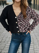 Contrast Button Up V-Neck Cropped Cardigan Black One Size Woman Outerwear