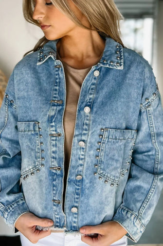 Studded Acid Wash Long Sleeve Denim Jacket Medium Woman Outerwear