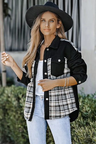 Plaid Pocketed Button Up Denim Jacket Black