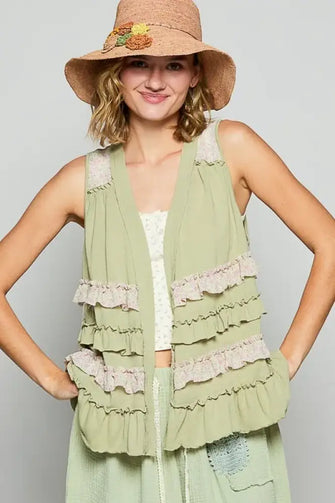 POL Ruffled Open Front Sleeveless Cardigan Sage Multicolor Woman Outerwear