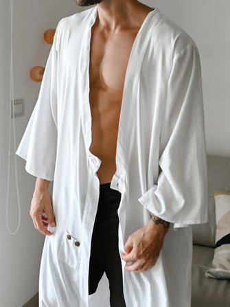 Men's Full Size Button Detail Long Sleeve Cover-Up Plus Size White