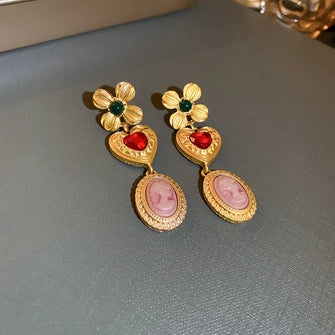 Copper Inlaid Rhinestone Vintage Earrings Gold One Size