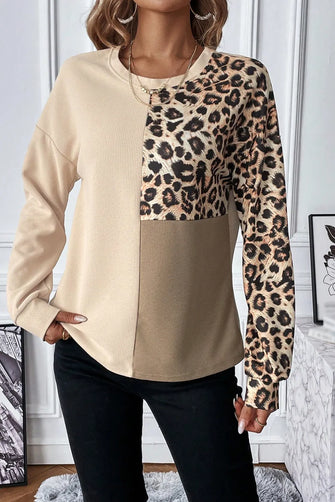 Leopard Waffle Knit Long Sleeve T-Shirt Tan