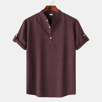 Men's Casual Mandarin Collar Short Sleeve Henley Shirt Coffee