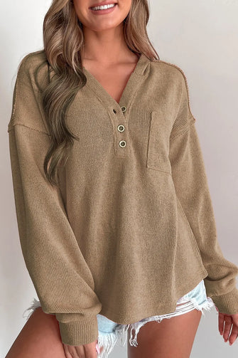 Button Detail Long Sleeve Hoodie Khaki