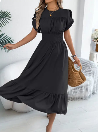 Smocked Frill Round Neck Midi Dress Black Casual Dresses