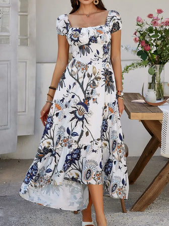 Devine Smocked Printed Short Sleeve Maxi Dress White Woman Maxi Dress