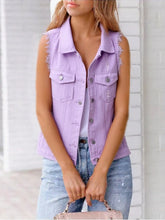 Full Size Sleeveless Frayed Denim Vest Jacket Plus Size Lavender