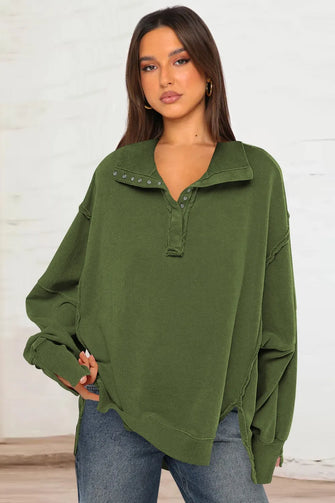 Exposed Seam Side Slit Long Sleeve Sweatshirt Army Green Woman Sweatshirts