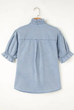 Ruffle Short Puff Sleeve Button Down Denim Shirt Woman Denim Tops
