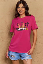 Simply Love womens Halloween theme short sleeve dusty rose T-shirt with gnomes and pumpkins