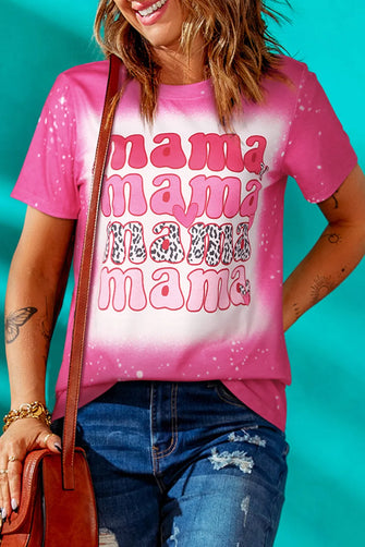 MAMA Round Neck Short Sleeve T-Shirt Hot Pink