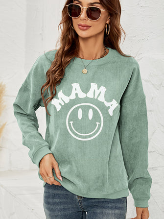 Round Neck Long Sleeve MAMA Graphic Sweatshirt Gum Leaf Woman Sweatshirts