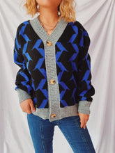 Contrast Trim Geometric V-Neck Long Sleeve Cardigan Royal Blue One Size Casual Dresses