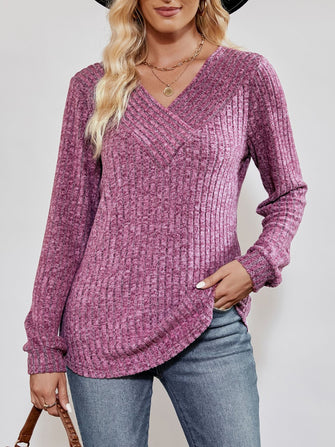 V-Neck Ribbed Long Sleeve Top Lilac Woman Blouses