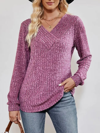 V-Neck Ribbed Long Sleeve Top Lilac Woman Blouses