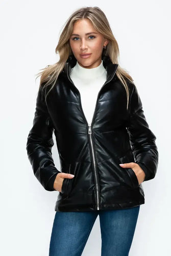 How Dare U Pocketed Zip Up Puffer Jacket with Removable Hood Black Woman Outerwear