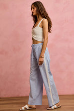 Light blue and white wide check pants with drawstring waistband and side lace trim in wide leg fit