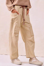 Beige and cream striped twill barrel pants with a drawstring waistband by bibi for casual wear