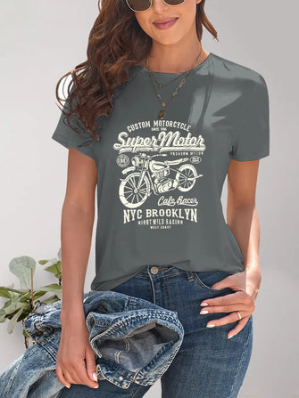 Motorcycle Graphic Round Neck T-Shirt Dark Gray