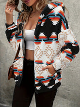 Geometric Zip Up Hooded Sherpa Jacket Black