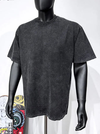 Men's Full Size Round Neck Washed T-Shirt Plus Size Black