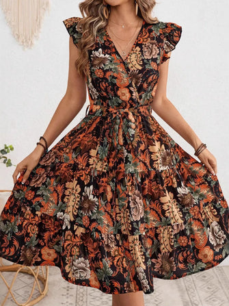 Ruffled Printed Surplice Cap Sleeve Dress Red