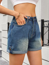 High Waist Rolled Hem Gradient Denim Shorts