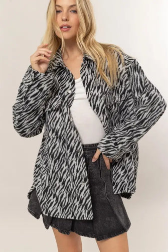 HYFVE Zebra Print Snap Down Long Sleeve Shacket Black Woman Outerwear